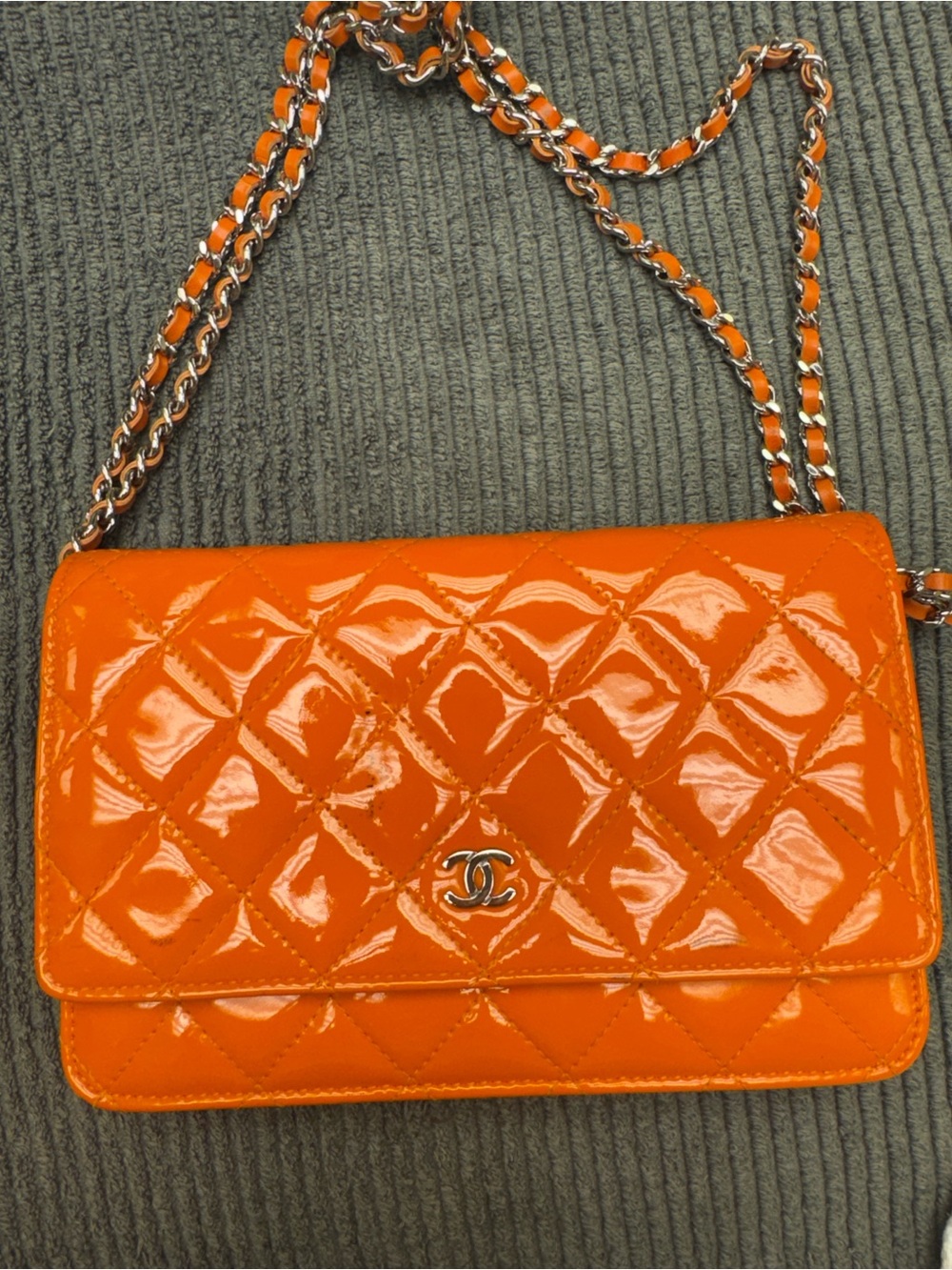 CHANEL Orange Quilted Patent Leather Chain Crossbody Bag